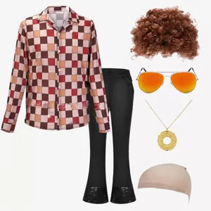 Men Vintage Seventies Disco Costume Set Sequins Long Sleeve Shirt And Flared Pants Outfit For Party Stage