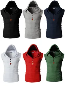 Vue détaillée du gilet sans manches à capuche pour homme avec plusieurs coloris pour le fitness.