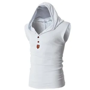 Débardeur à capuche sans manches blanc pour homme avec boutons et coupe d'été confortable.