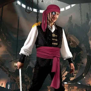 Middeleeuwse Renaissance piraat kostuum 4-delige set met hoofddoek, riem, shirt en vest voor mannen.