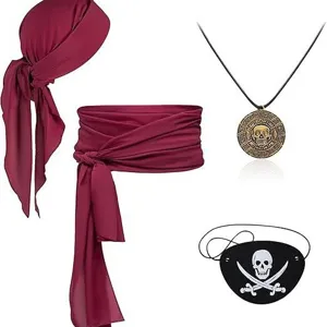 4-delig piraten kostuum accessoire set met rode hoofddoek sjerp munt ketting ooglapje