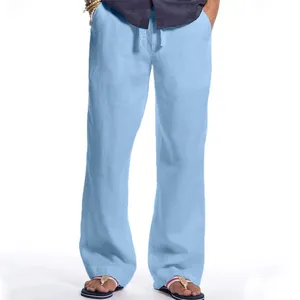 Men light blue linen casual trousers loose fit drawstring breathable summer long pants detail