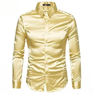 Herren Seide Satin Langarm Hemd Detail, glaenzend Reverskragen Freizeit Mode Oberteil