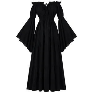 Mittelalter Vintage schulterfreies Langarm Maxikleid elegante schwarze Damenrobe