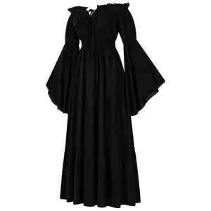 Schwarzes mittelalterliches Retro-Kleid Detail mit schulterfreiem Ausschnitt und Trompetenärmeln.