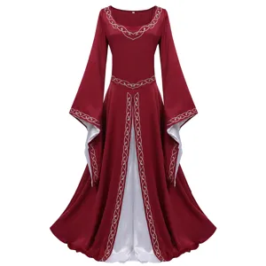 Medieval Renaissance retro vintage long dress with silver embroidery and bell sleeves.