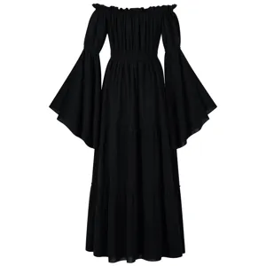 Mittelalter vintage schwarzes schulterfreies langes Trommelärmel Maxikleid für Damen