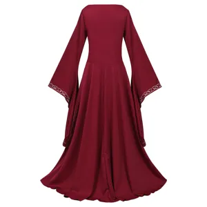 Medieval Renaissance Vintage Long Sleeve Dress Elegant Gothic Cosplay Gown Burgundy