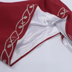 Medieval vintage dress detail shot, dark red fabric with silver leaf embroidery, satin lining.