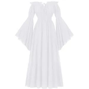 Detailansicht des weißen mittelalterlichen Renaissance Kleides mit Off-Shoulder und Trommelärmeln.