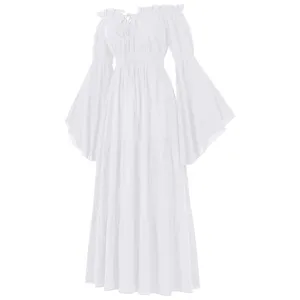 Mittelalter vintage off-shoulder weißes langes Kleid mit Trommelärmeln und Stufenrock.