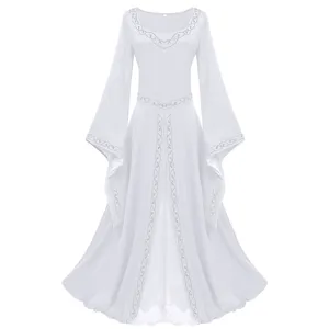 Details of white medieval renaissance dress featuring long trumpet sleeves and floral trim.