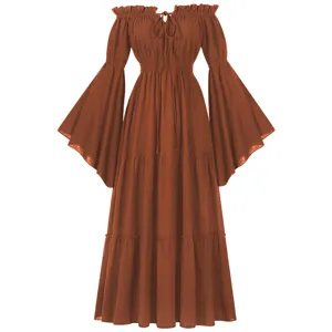 Damen Mittelalterliches Vintage Hofkleid Schulterfrei Glockenärmel Jacquard Maxi Kleid Weihnachtsfeier Kostüm