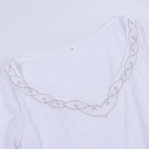 Medieval retro white dress Renaissance vintage style embroidered scoop neck women clothing