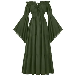 Mittelalter vintage stil off-shoulder glockenärmel tailliertes grünes maxikleid neu