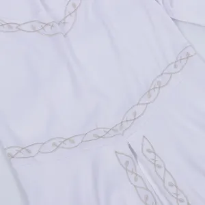 White medieval renaissance dress featuring intricate silver vine embroidery detail for costume.