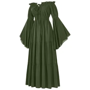 Mittelalterliches Retro-Hofkleid mit schulterfreiem Schnitt und langen Glockenärmeln in grün.