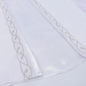 Medieval renaissance dress detail white fabric silver embroidery vine trim style.