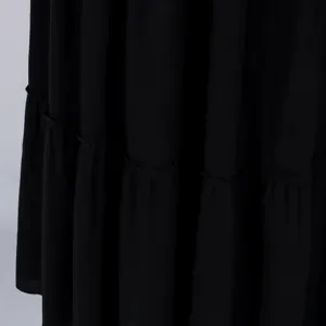 Detailansicht eines schwarzen Stufenkleidstoffes mit eleganten Rüschen und feiner Textur.