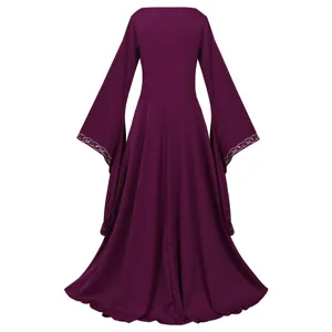 Medieval vintage dress back view detail, deep purple renaissance long bell sleeve with embroidery.