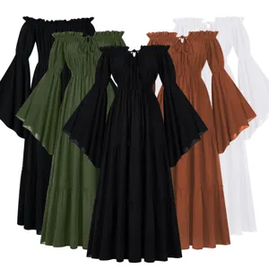 Mittelalter Renaissance Vintage Off-Shoulder Glockenärmel Maxikleid Damen Gothic Kostüm