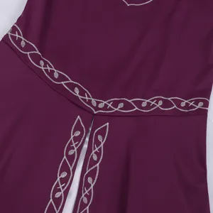 Medieval Renaissance dress detail, purple fabric with elegant silver vine embroidery.