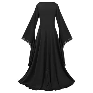 Back detail of black medieval vintage dress featuring elegant silver embroidery cuffs.