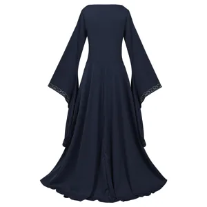 Medieval retro long dress with bell sleeves and elegant embroidered cuffs for renaissance events.