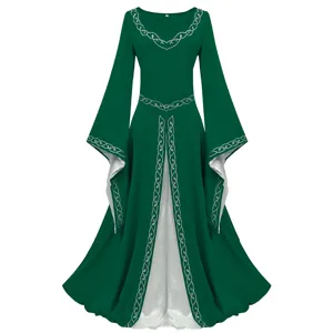 Medieval Renaissance vintage long sleeve dress with silver embroidery and white contrast inner.