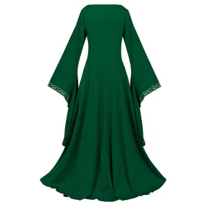 Medieval renaissance vintage dark green long sleeve dress with elegant embroidered bell cuffs.