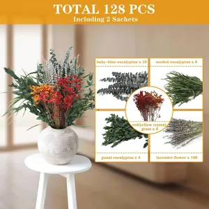 Dried eucalyptus and lavender flower bouquet bundle detail view showing 128 pieces and various stems.