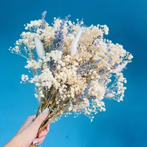 Bohemian dried flower bouquet detail, natural baby's breath and lavender arrangement for home decor.