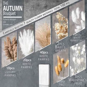 Autumn dried flower bouquet set with 100pcs pampas grass, bunny tail, and ceramic vase.