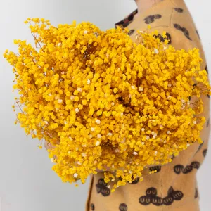 Dried baby's breath bouquet detail view, vibrant yellow preserved flowers for home decor.
