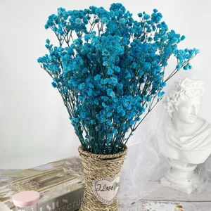 Blue dried baby's breath bouquet in woven vase, perfect for home decor, wedding gifts and parties.