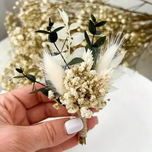 Boutonnière en fleurs séchées faites à la main bouquet miniature eucalyptus mariage