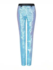 Men shiny sequin trousers stage performance slim fit dress pants party club wear blue pants