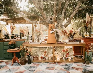 Natural dried flower bouquet scene display, boho style home decor and party decoration.