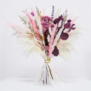 Bohemian dried flower bouquet, colorful pampas grass and bunny tails set for home decor.