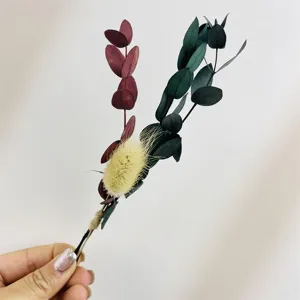 Dettaglio in primo piano del piccolo bouquet di fiori secchi con eucalipto e lagurus.