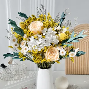 Bouquet de Fleurs Séchées Coloré Rose Préservée Feuille d'Eucalyptus Hydrangée Naturelle Herbe de Cristal Décoration de Table