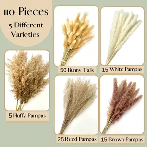 Natural dried flower bouquet detail, 110 pieces with 5 assorted varieties for decor.