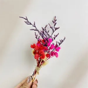 Mini geconserveerd droogbloemenboeket met kleurrijk gipskruid en konijnenstaartgras.