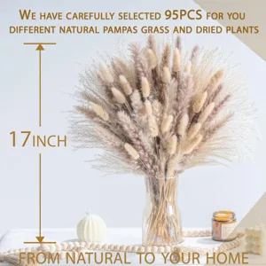 Natural pampas grass dried flowers bouquet 95pcs 17 inch fluffy bunny tails for home decor
