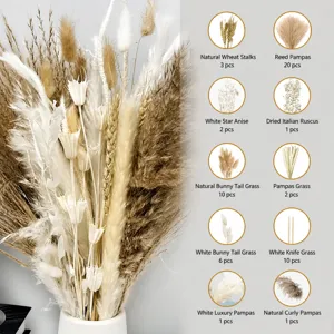 Dried pampas grass bouquet detail with wheat stalks and bunny tails for home decor.