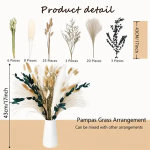 Close-up details of natural dried pampas grass bouquet with various styles and sizes for decor.