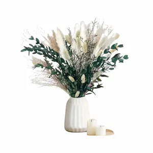 Ins style dried flower pampas grass bouquet with white ceramic vase for home decor