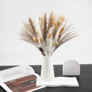 Natural dried pampas grass and bunny tails bouquet in a minimalist white ceramic vase.