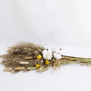 Natural dried flower bouquet detail, pampas grass and cotton branches for home decor.