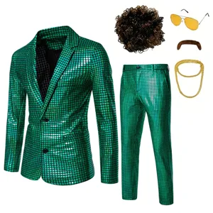 Hommes Paillettes Costume Métallique Fête Disco Boîte de Nuit Blazer Brillant et Ensemble de Pantalons avec Accessoires de Fête